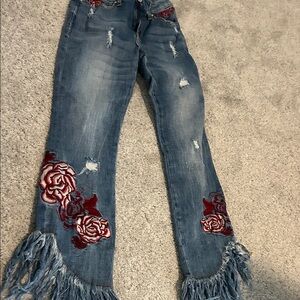 INC International Concepts Blue Jeans with Red Floral Embroidery